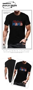 Detail of American Mama print with US flag elements on a black cotton t-shirt