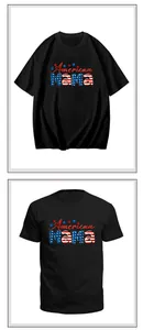 Detail view of American Mama graphic on black cotton T-shirt with flag pattern print