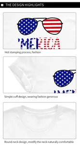 Détail de l'imprimé lunettes drapeau USA et col rond estampé à chaud sur T-shirt
