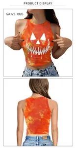 Detailed front and back view of orange tie-dye Halloween pumpkin face crop top