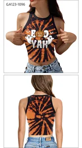 Detail showing Boo Yah print with ghost and pumpkin icons on black and orange tie-dye tank top