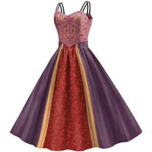 Damen Halloween Cosplay Hexe Kleid Digitaldruck Träger Patchwork Midi Kleid Vintage Elegant Party Kostüm Ärmellos Hohe Taille Großer Schwung Kleid