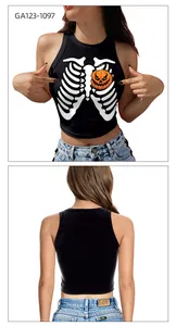 Detail of Halloween crop top featuring white skeletal ribs and a smiling orange pumpkin