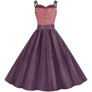 Vintage Halloween Kleid mit Blumenstickerei und lila strukturiertem Rockteil