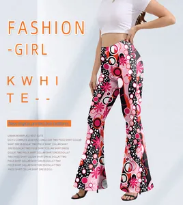 Detailed view of high-waisted flare pants featuring pink and black polka dot digital print