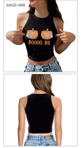 Front and back detail of a black crop tank top with a funny skeleton pumpkin Halloween print