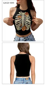 Front and back view of Halloween crop top with skull rib cage and pumpkin print