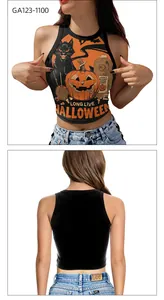 Detail of Halloween tank top featuring Jack's Spooky Apple Cider print and black cat design