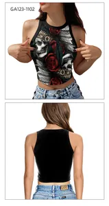 Front detail of skull and rose print tank top with a solid black back view