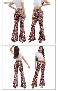 Detail shots of women's floral bell-bottom pants showing fit from multiple angles