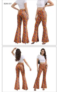Detail shots of high-waisted flare pants with retro floral mandala pattern on dark base
