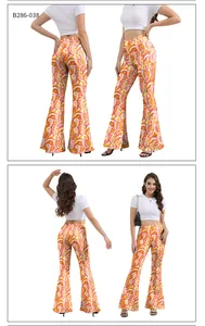 Detail of high waisted bell-bottoms featuring a vibrant retro swirl print in orange and pink