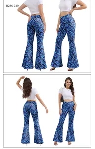 Detail view of women's high waisted flared pants with blue marble swirl print pattern