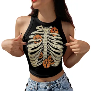 Halloween skeleton rib cage and orange pumpkin print black halter crop top for women