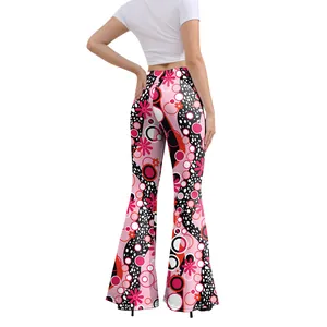 Back view of women's high waisted bell bottom trousers with colorful retro polka dot print