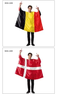 Close-up of festival capes with Belgium and Denmark flag prints in glossy polyester fabric