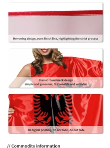 Detail view of Albania flag 3D digital print and reinforced stitching on red garment