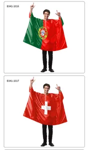 Detail view of polyester fan capes with Portugal and Switzerland national flag patterns