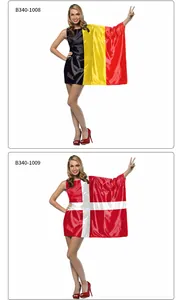 Detail view of Belgium and Denmark flag print dresses for stage performance and parades