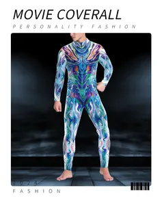 Close-up of men's colorful kaleidoscope pattern jumpsuit with futuristic reflective fabric