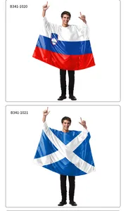 Detail of Slovenia and Scotland flag themed performance capes with glossy polyester texture