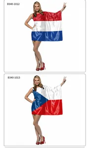 Detail of one-shoulder flag dresses in Netherlands and Czech Republic flag patterns