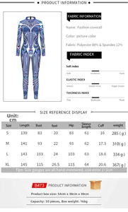 Detailed size chart for men's digital print bodysuit with length, bust, and hip measurements