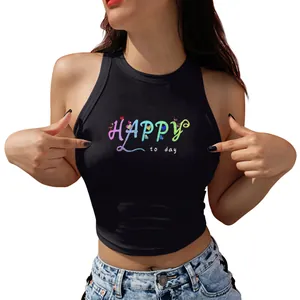 Débardeur court noir pour femme avec imprimé lettres 'HAPPY to day' et coupe ajustée