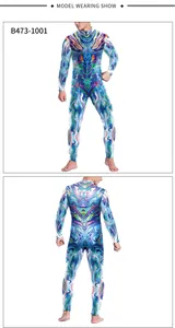 Front and back view of men's slim fit jumpsuit with blue and purple psychedelic print