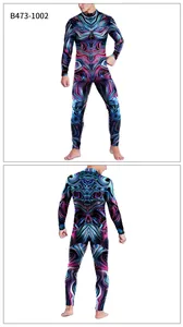 Detailed front and back view of men's digital print bodysuit with neon swirl patterns