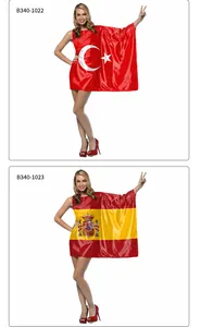 Detailed view of two polyester shoulder capes with Turkish and Spanish flag digital prints