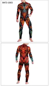 Front and back view of men's compression jumpsuit with red lava digital print pattern