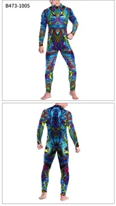 Close-up of colorful fractal art print on men's slim fit long sleeve hooded jumpsuit