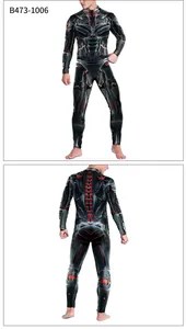 Detail of 3D digital mechanical print and red core on men's long sleeve jumpsuit
