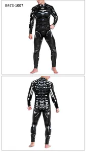 Detail view of men's sci-fi mechanical armor bodysuit with digital print and back zipper