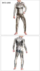 Detailed view of 3D digital armor print and front zipper on the men's bodysuit