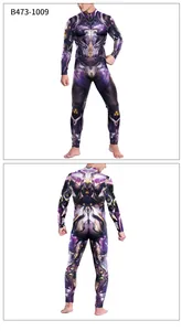 Front and back view of men's compression bodysuit with purple futuristic mecha print