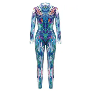 Men's slim fit jumpsuit with colorful marble digital print and front zipper closure