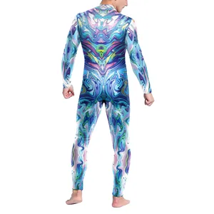 Men's full body zentai bodysuit with vibrant psychedelic marble print and long sleeves