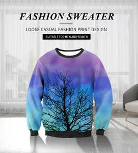 Detail of crewneck sweatshirt with purple gradient watercolor and black tree silhouette print