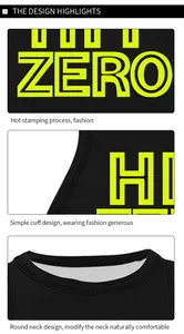 Detail of neon yellow ZERO lettering print and round neckline on black cotton tank top