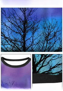 Detailed view of digital tree branch print and ribbed collar on this purple crewneck