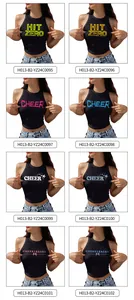 Collage of eight black slim-fit crop tops featuring colorful cheerleader themed prints