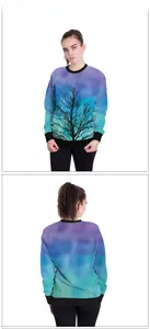 Detailed front and back views of gradient crewneck sweatshirt with tree print