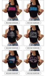 Detail showcasing six different cheerleader graphic prints on slim fit black crop tops