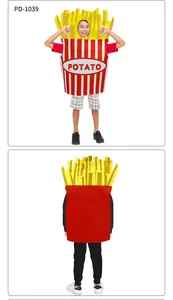 Vue avant et arrière du déguisement frites pour enfants avec rayures rouges blanches et POTATO