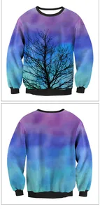 Front and back view of a digital print sweatshirt featuring black tree branches on gradient purple