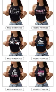 Grid view showing six black halter tops with different cheerleader theme prints