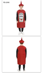 Détails avant et arrière du déguisement de ketchup pour enfants avec chapeau rouge assorti