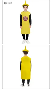 Détail du costume de bouteille de moutarde jaune pour enfants avec chapeau assorti et logo